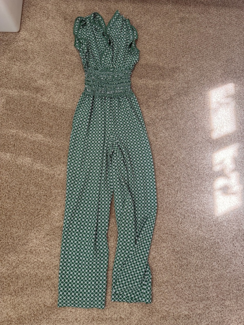 Max Studio Green Printed Smocked-Waist Sleeveless Jumpsuit